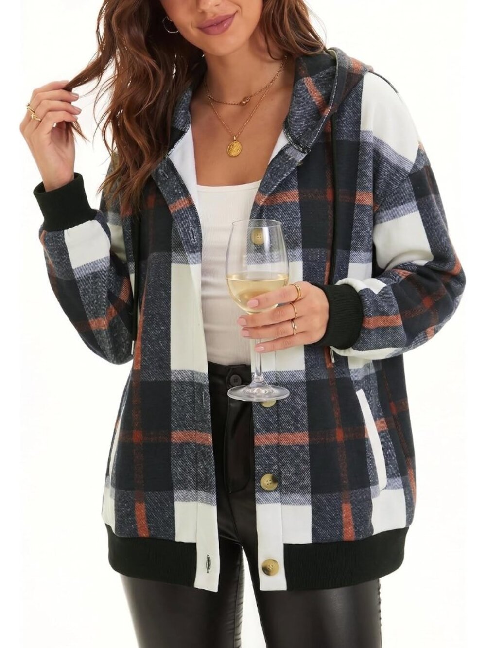 〽️Women Black Plaid Hoodie Sweatshirt Button Pocket Comfy Fleece Fashion Jackets